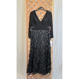 NWT Xscape Women's Long Sleeve V-Neck Floral Skirted Gown - Black - Size 16P